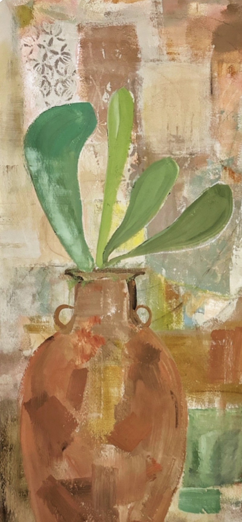 A painting of a potted plant with large green leaves in a brown vase, against a textured background.
