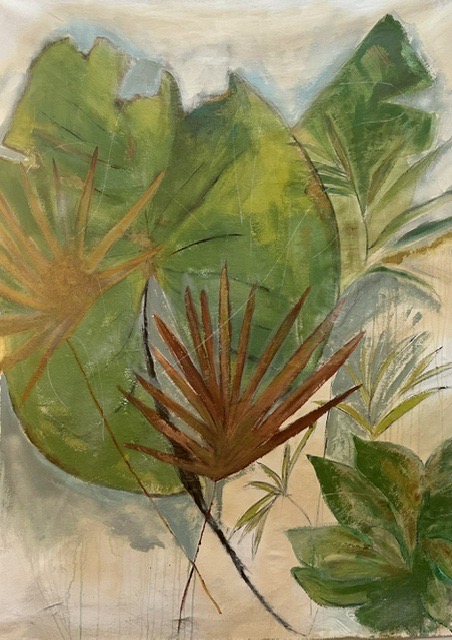 Watercolor painting of various green and brown leaves with a light background.