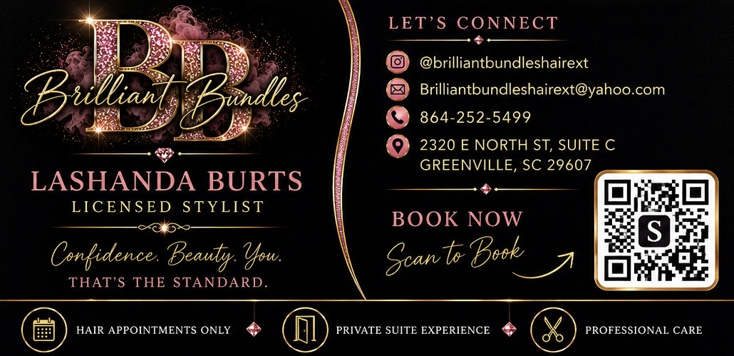 Business card for Lashanda Burts, licensed stylist, with contact info, QR code, and services, on a black background.
