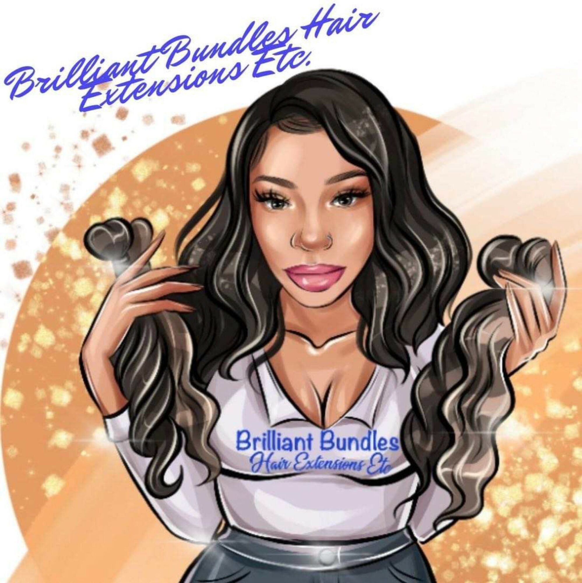 Illustration of a woman with long, wavy black hair holding hair extensions, wearing a white shirt with blue text, smiling.