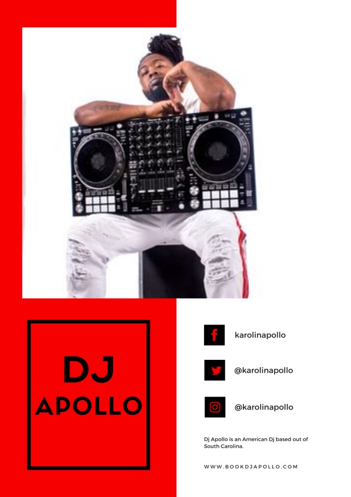 Person with dreadlocks sitting behind DJ equipment, wearing white pants with red stripes, against a red and white background.