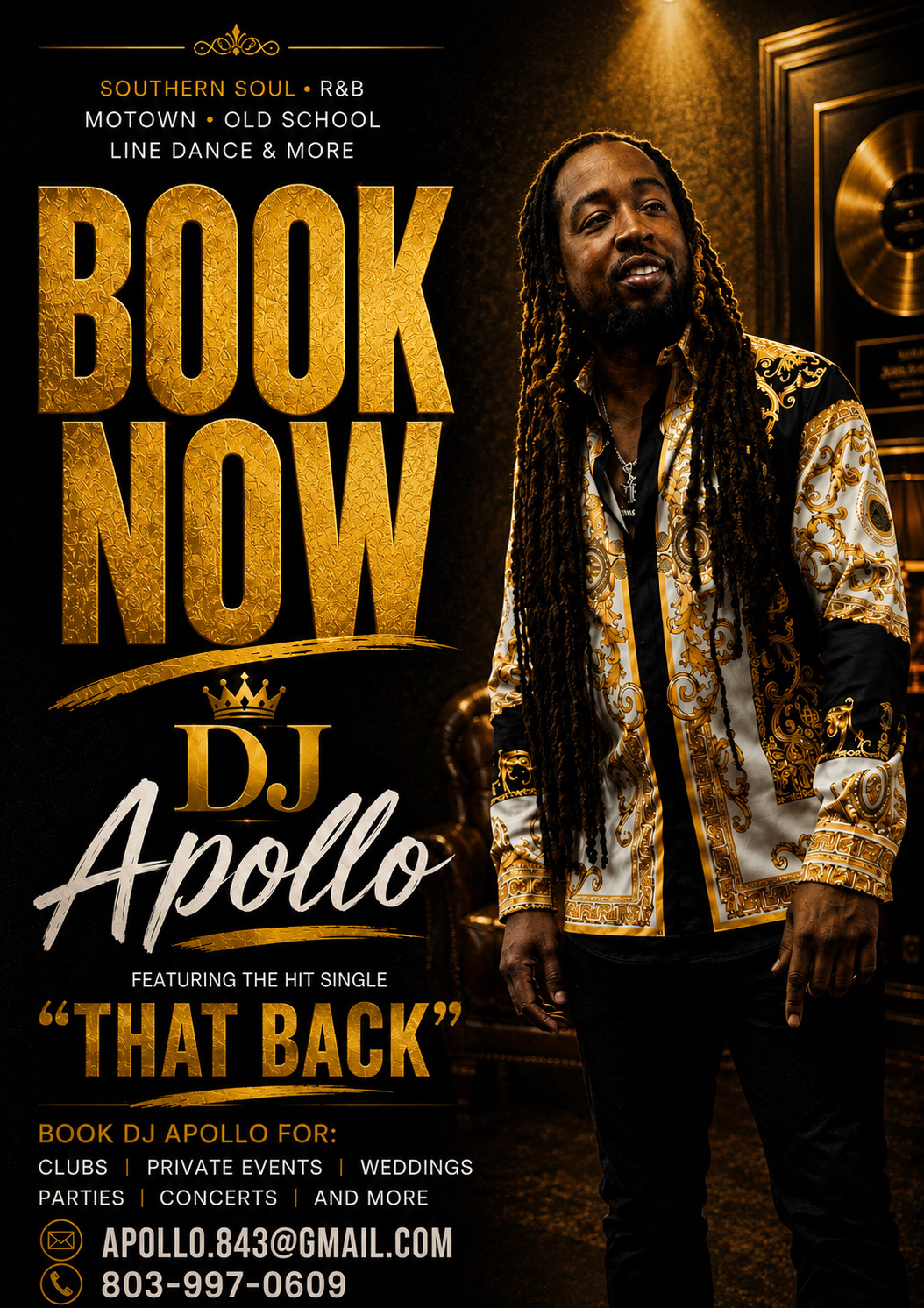 Man with long hair and beard wearing a patterned jacket, standing next to a gold record, promotional poster for DJ Apollo, book now, that back.