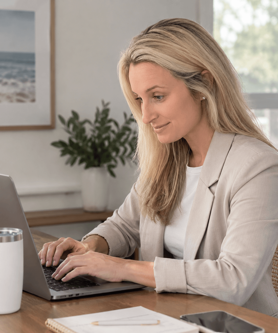 Woman with blonde hair working on a laptop at a desk in a bright room with a plant and window.