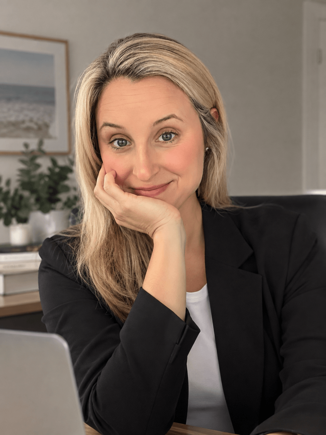 Woman with blonde hair resting her chin on her hand, smiling, in a home office setting.