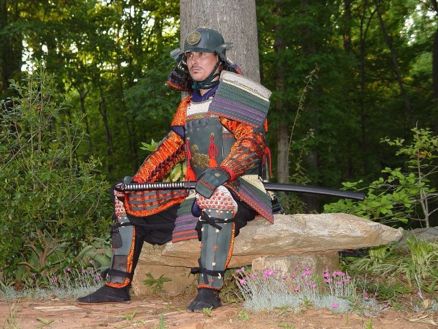 Person dressed in traditional armor sitting on a rock in a forest, holding a sword, surrounded by greenery.
