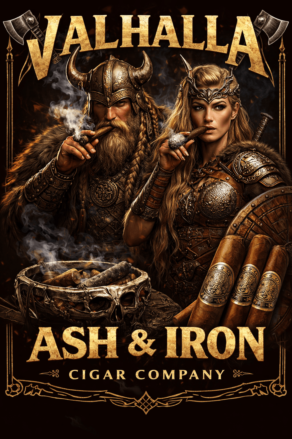 Valhalla Ash & Iron Cigar Company logo with a Viking man and woman in armor, smoking cigars, surrounded by cigars and fire.
