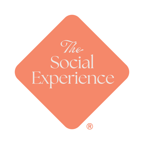 A peach-colored diamond shape with white text reading 'The Social Experience'.