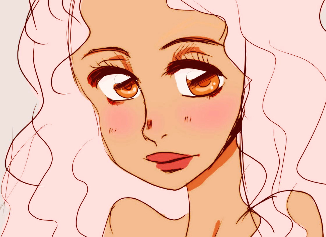 Close-up of a young woman with wavy hair and large eyes, smiling slightly with blush on cheeks.