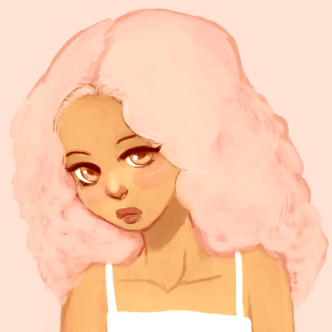 Illustration of a girl with pink, curly hair and large eyes, wearing a white top with straps.