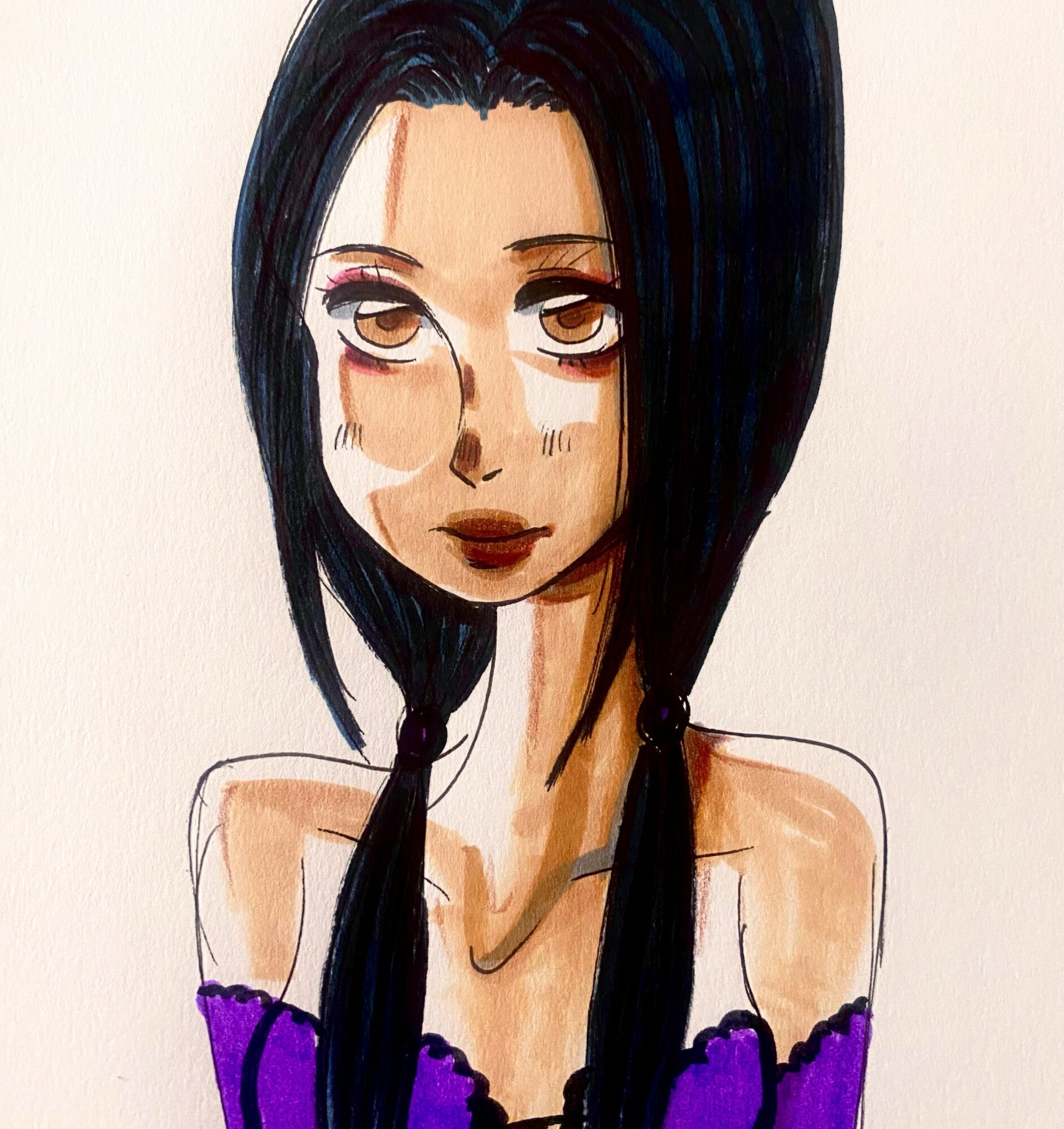 Drawing of a woman with long black hair, purple top, and a neutral expression.