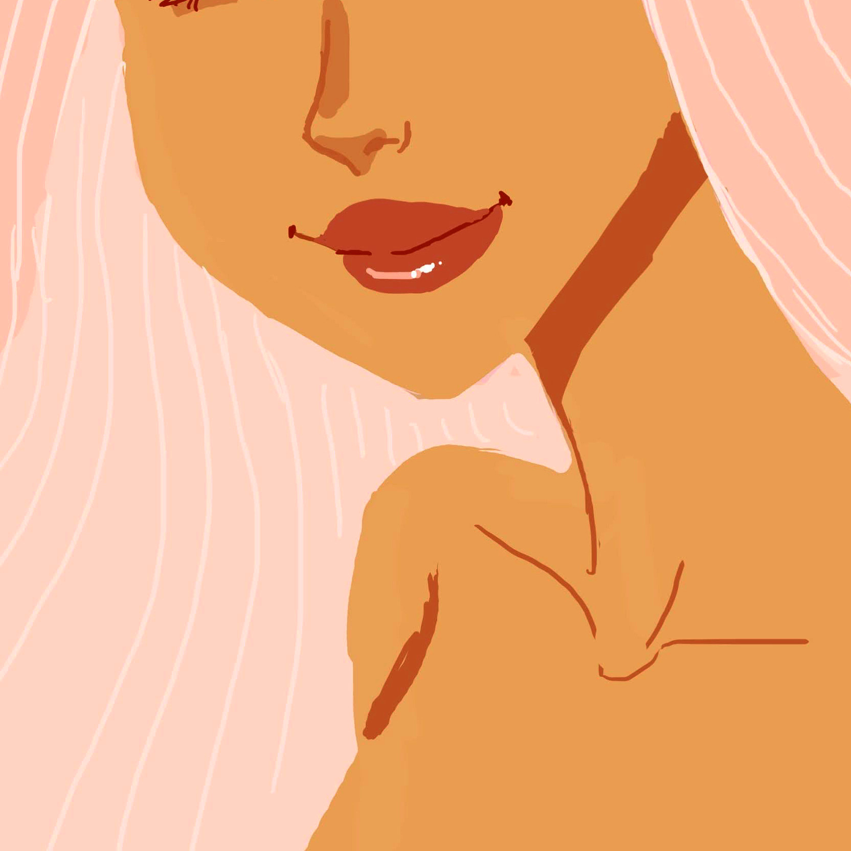 Close-up of a woman's face with pink hair, showing lips and part of her shoulder, in a stylized illustration.