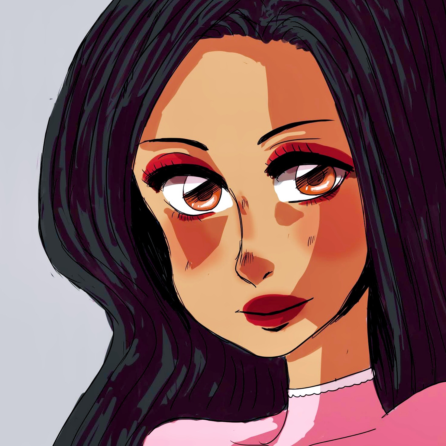 Illustration of a woman with long dark hair, large eyes, and red lipstick, wearing a pink top.