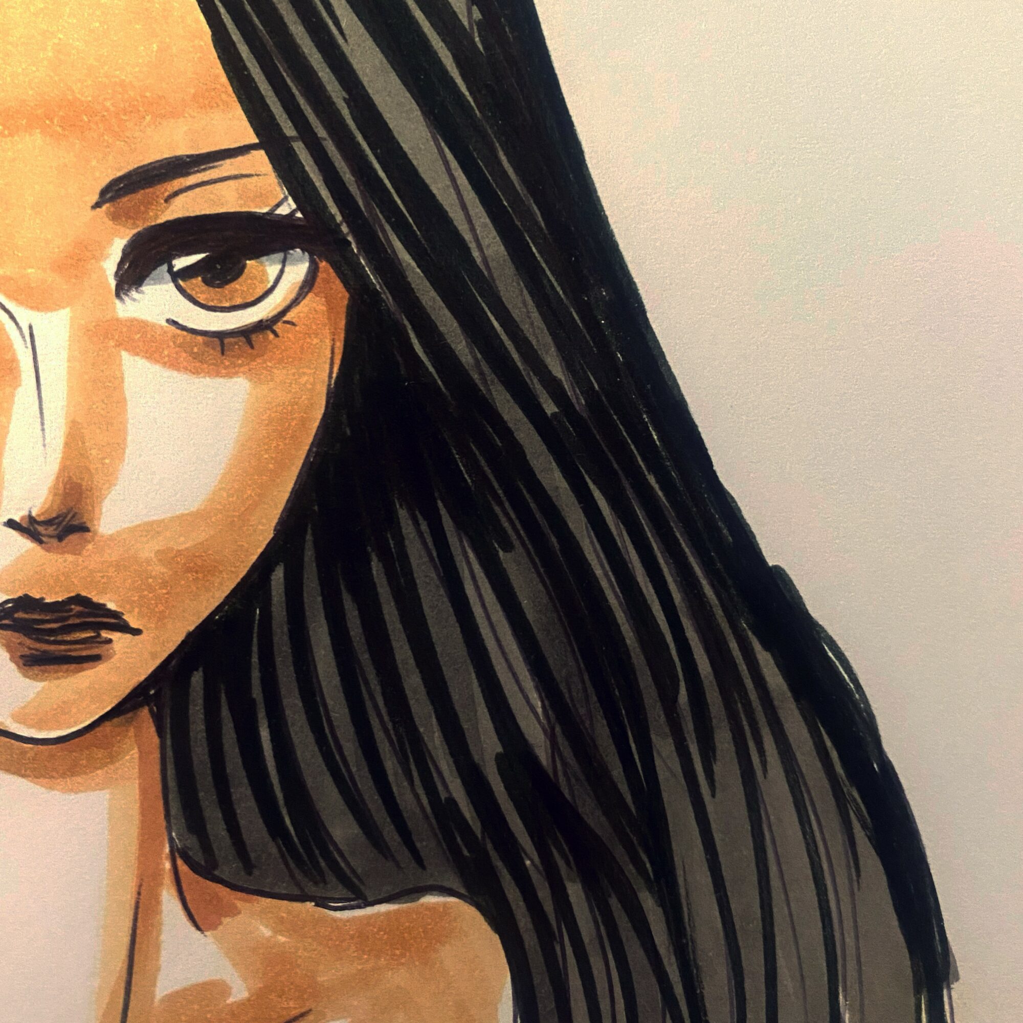 Partial illustration of a woman with long black hair, visible eye, and lips, against a plain background.