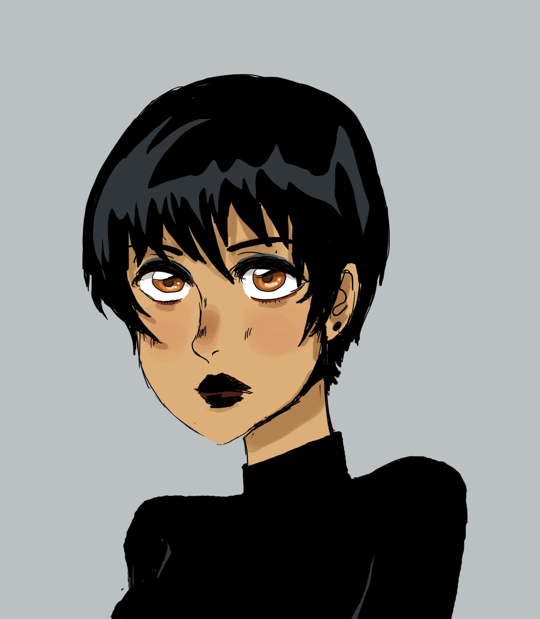Illustration of a woman with short black hair, dark lipstick, and a black turtleneck, looking to the side.