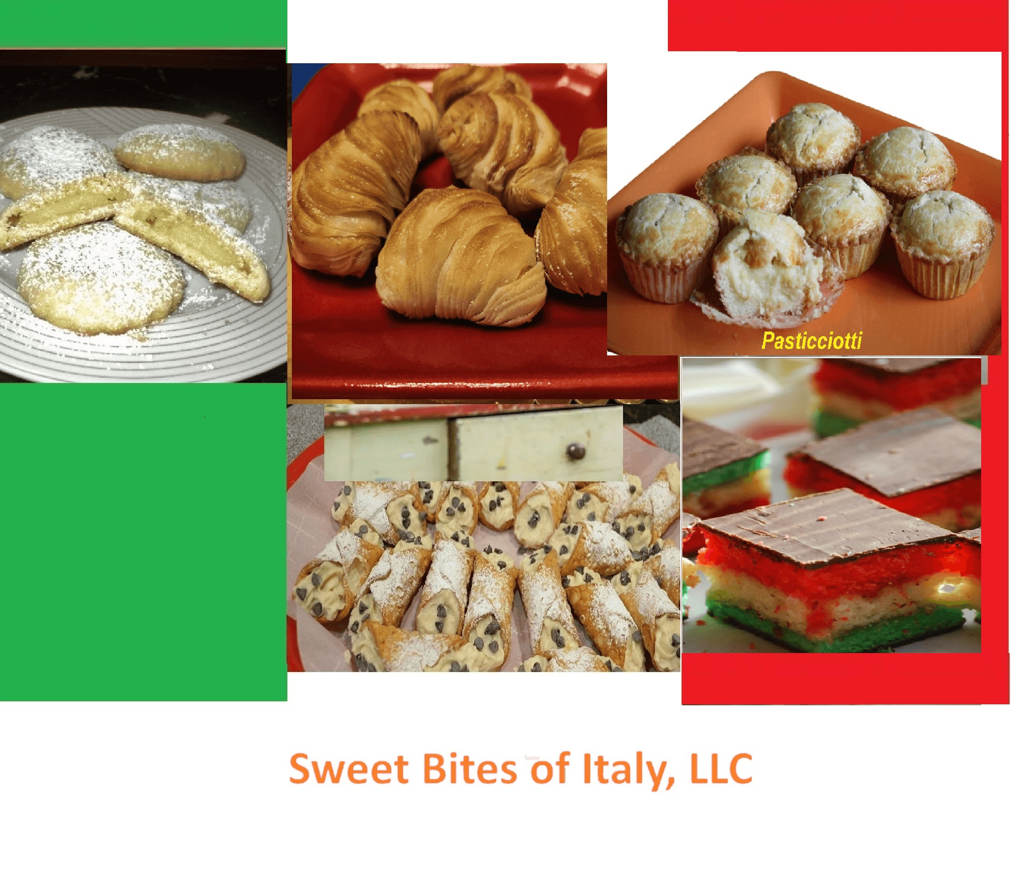 Assorted Italian pastries including cookies, croissants, and layered cakes on a colorful background.