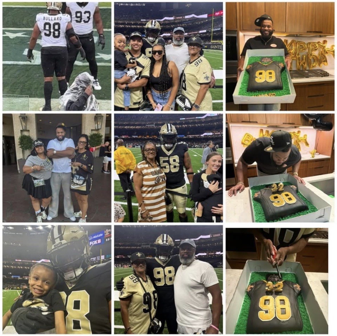 Group of people at a football game, celebrating, and a birthday cake with the number 98. Children and adults in various settings.