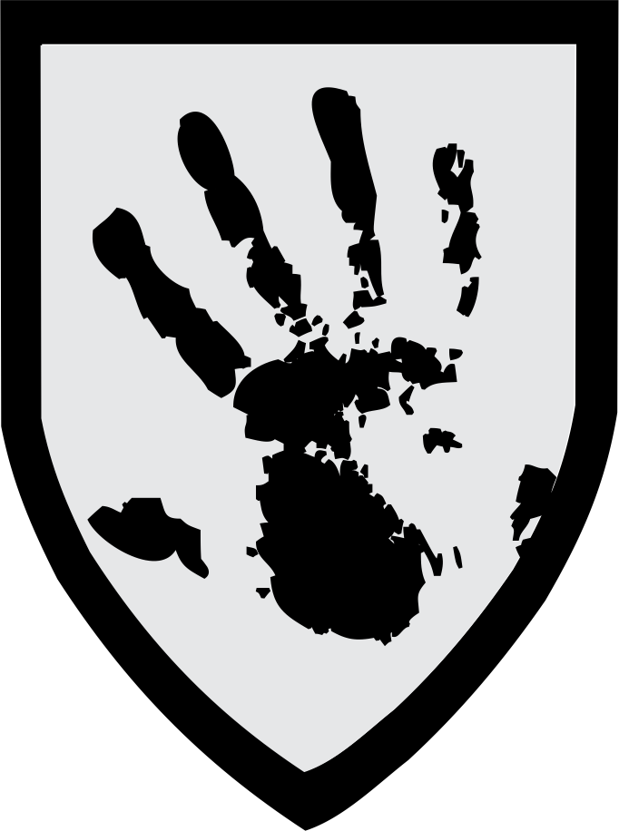 Black handprint inside a shield shape on a white background.