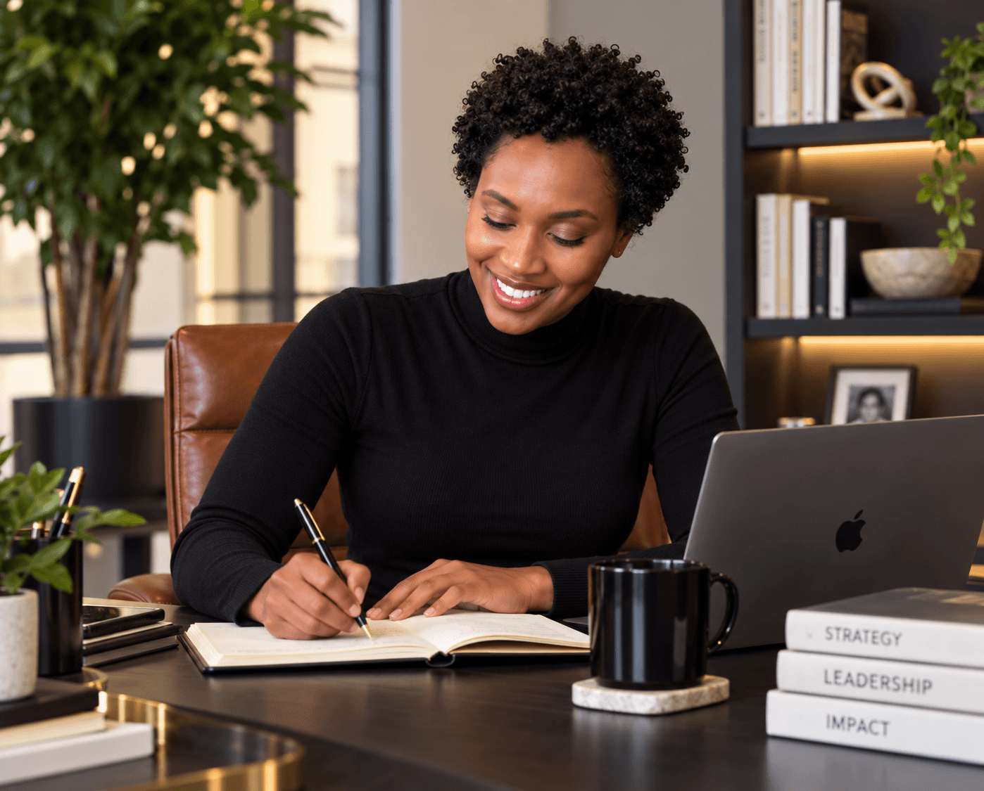Woman writing in notebook at desk with laptop, books, and plants in background.