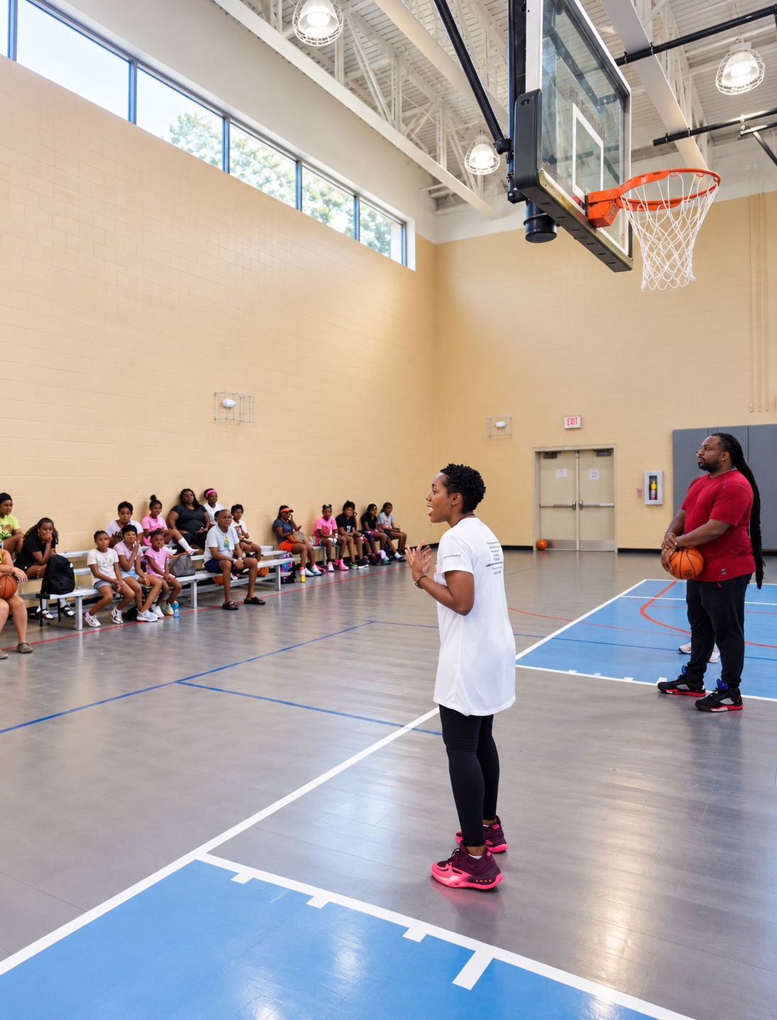 Young girl in white shirt and pink shoes standing on basketball court, children seated on bench, coach nearby, gymnasium setting.