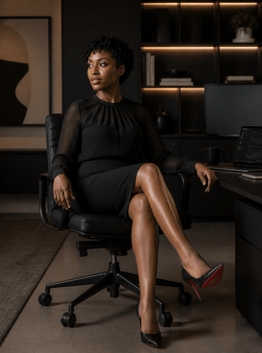 Woman with short curly hair sitting in an office chair, wearing a black dress, in a modern office setting.