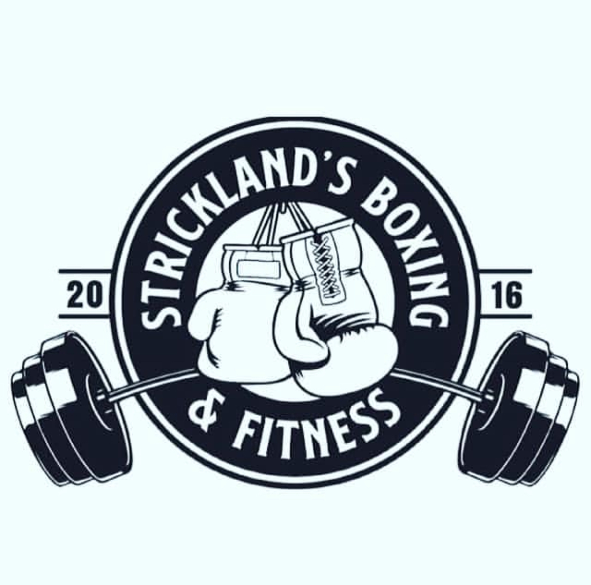 Logo with boxing gloves, barbell, and text 'Strickland's Boxing & Fitness', with '2016' on sides.