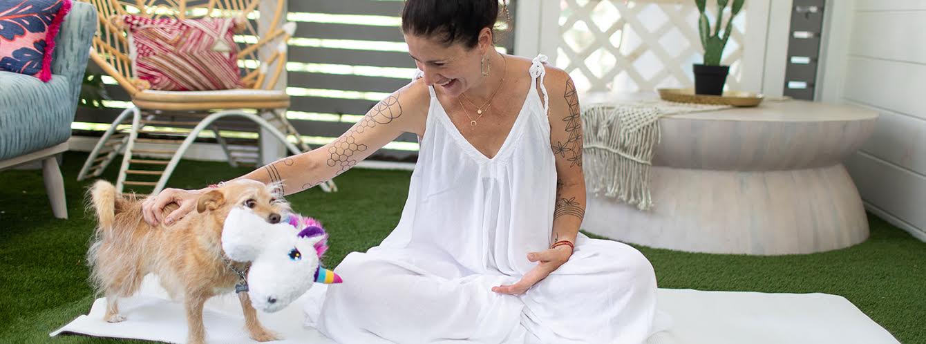 Woman in white dress sitting on grass with two dogs and plush toys outdoors.