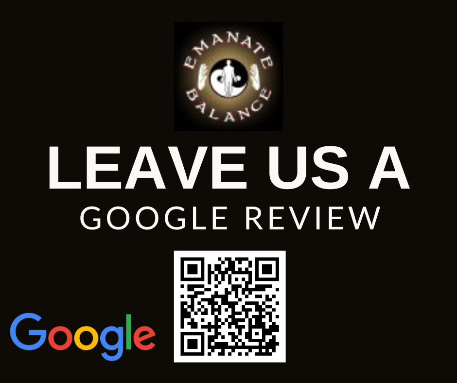 Black background with white text asking for a Google review, a QR code, and a logo with a circular design and text. Alt text word count: 27, confidence: 0.9