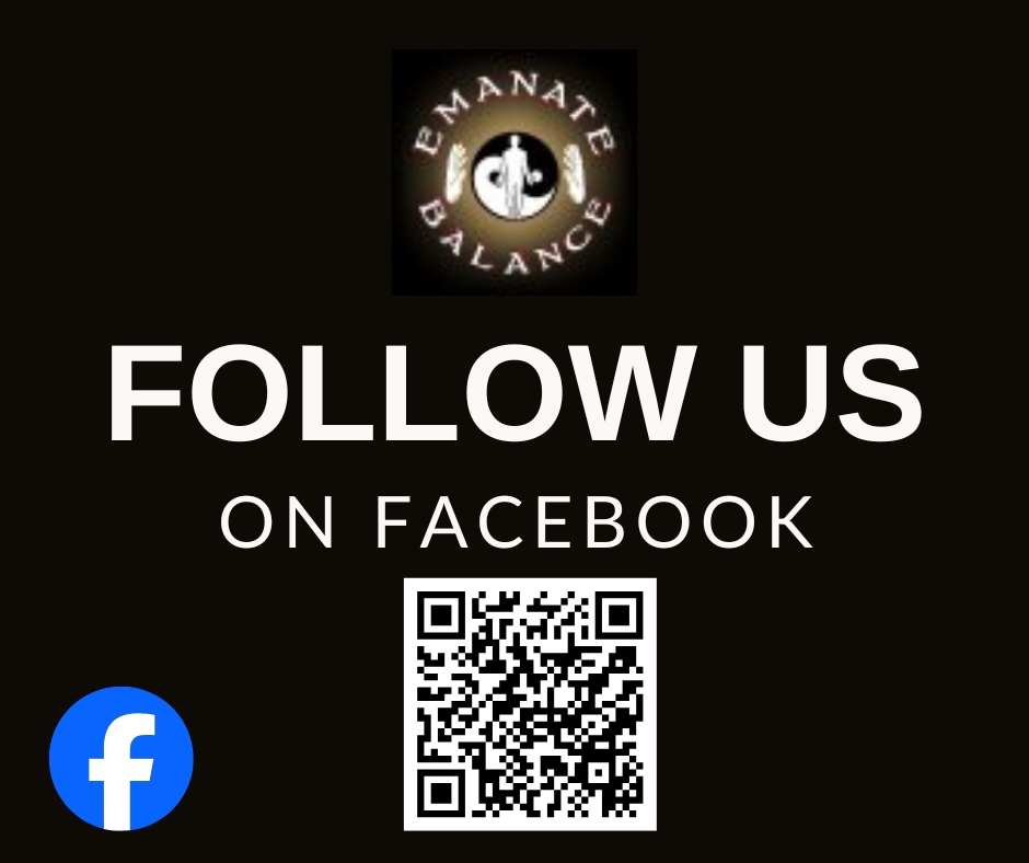 Black background with white text, Facebook logo, QR code, and a circular logo with a balance scale and the words 'AMANATE BALANCE'.