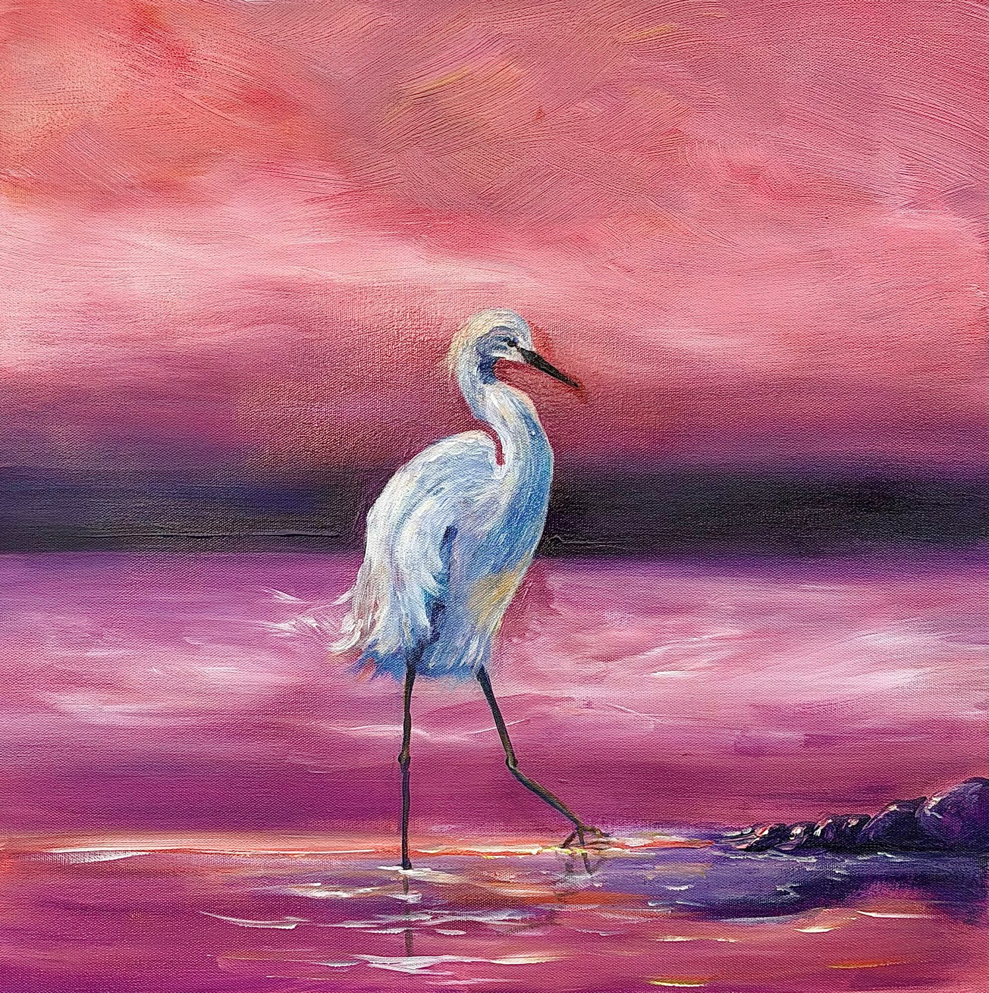 A painting of a white heron standing in pink water with a pink sky background.