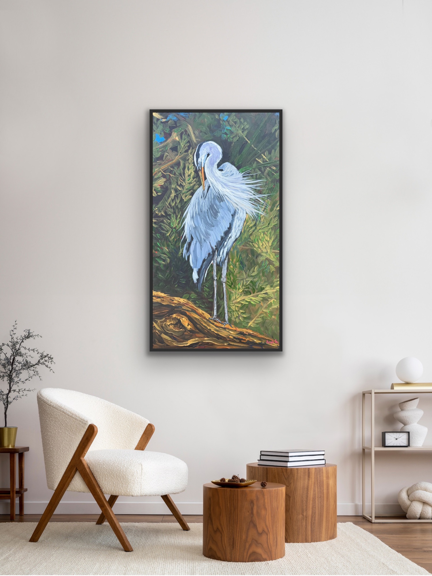 Vertical painting of a heron standing on a branch in a green forest setting.