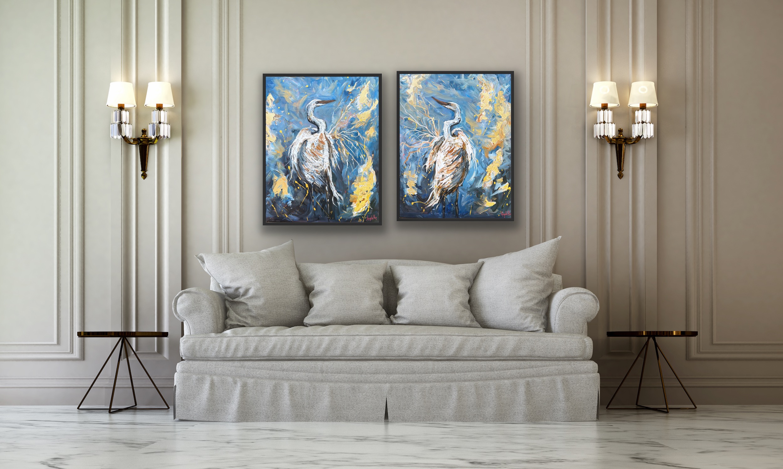 Living room with a white sofa, two paintings of peacocks, and wall sconces, neutral wall color, and light wood flooring.