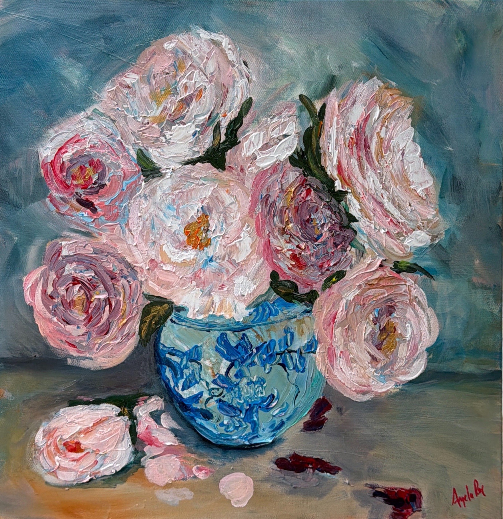 Oil painting of pink and white roses in a blue vase on a surface with a teal background.