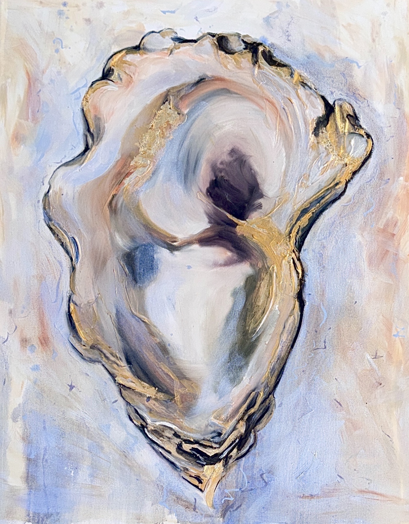 Abstract painting of a shell with swirling colors and textured brushstrokes, featuring shades of beige, blue, and purple.