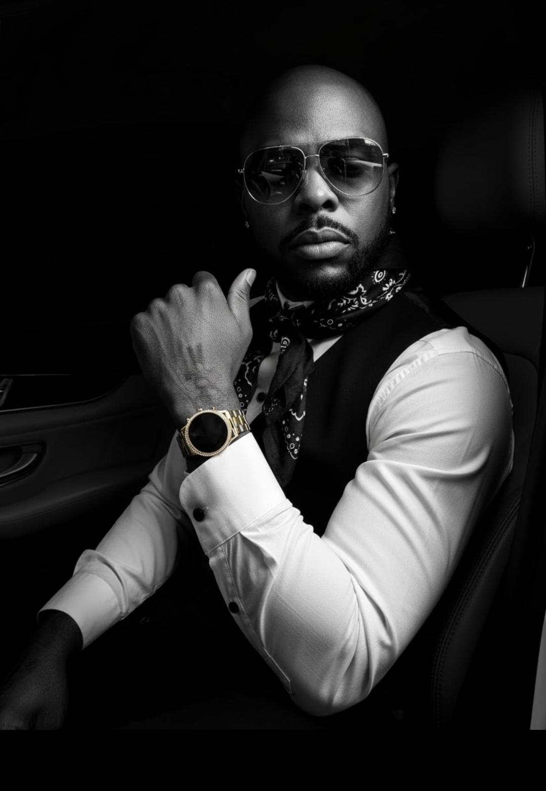 Man wearing sunglasses and a watch, sitting in a car, with a serious expression, in black and white.