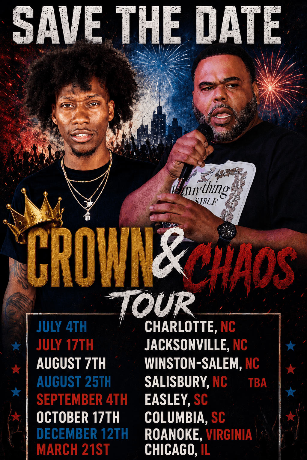 Save the date for Crown & Chaos tour featuring two people, fireworks, and city skyline background.