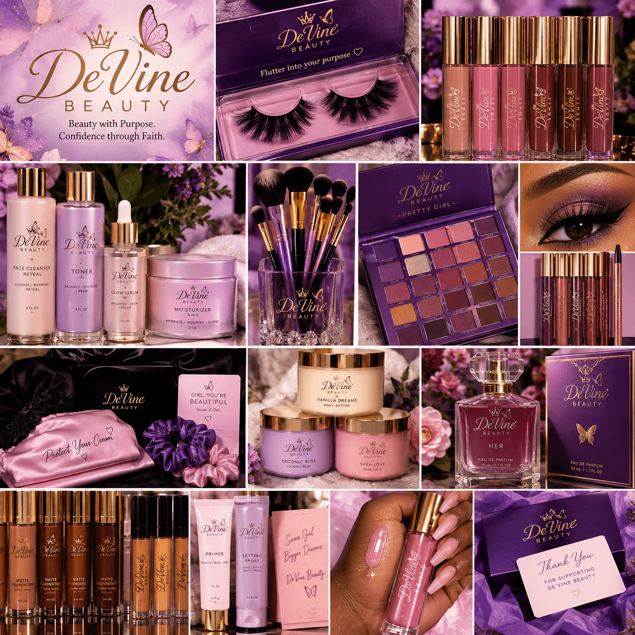 Collection of makeup and skincare products, including lip glosses, eyeshadow palette, brushes, and skincare bottles, with purple and pink packaging.