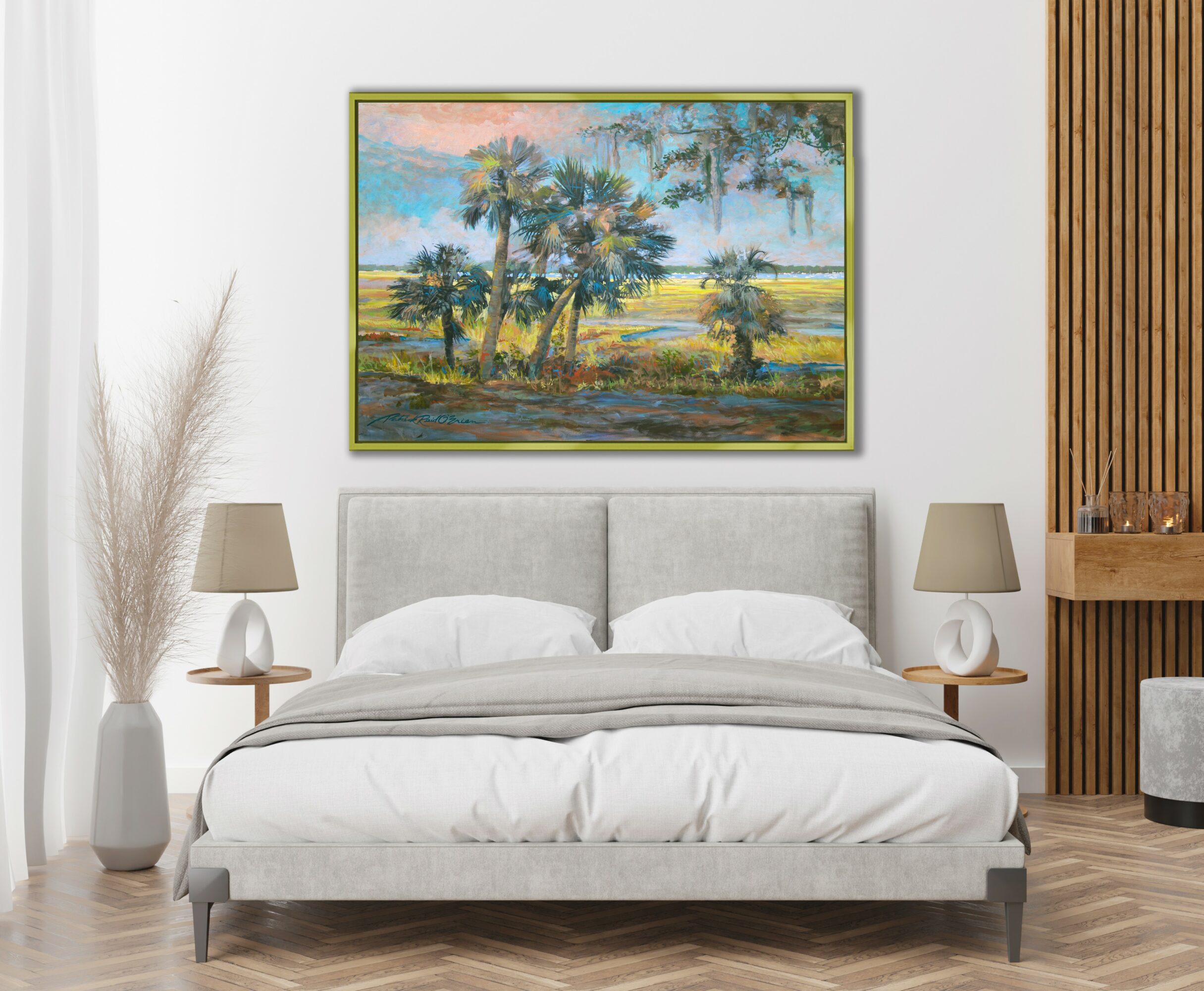Bedroom with a bed, two lamps, a painting of a landscape, and decorative plants, with wooden wall accents.