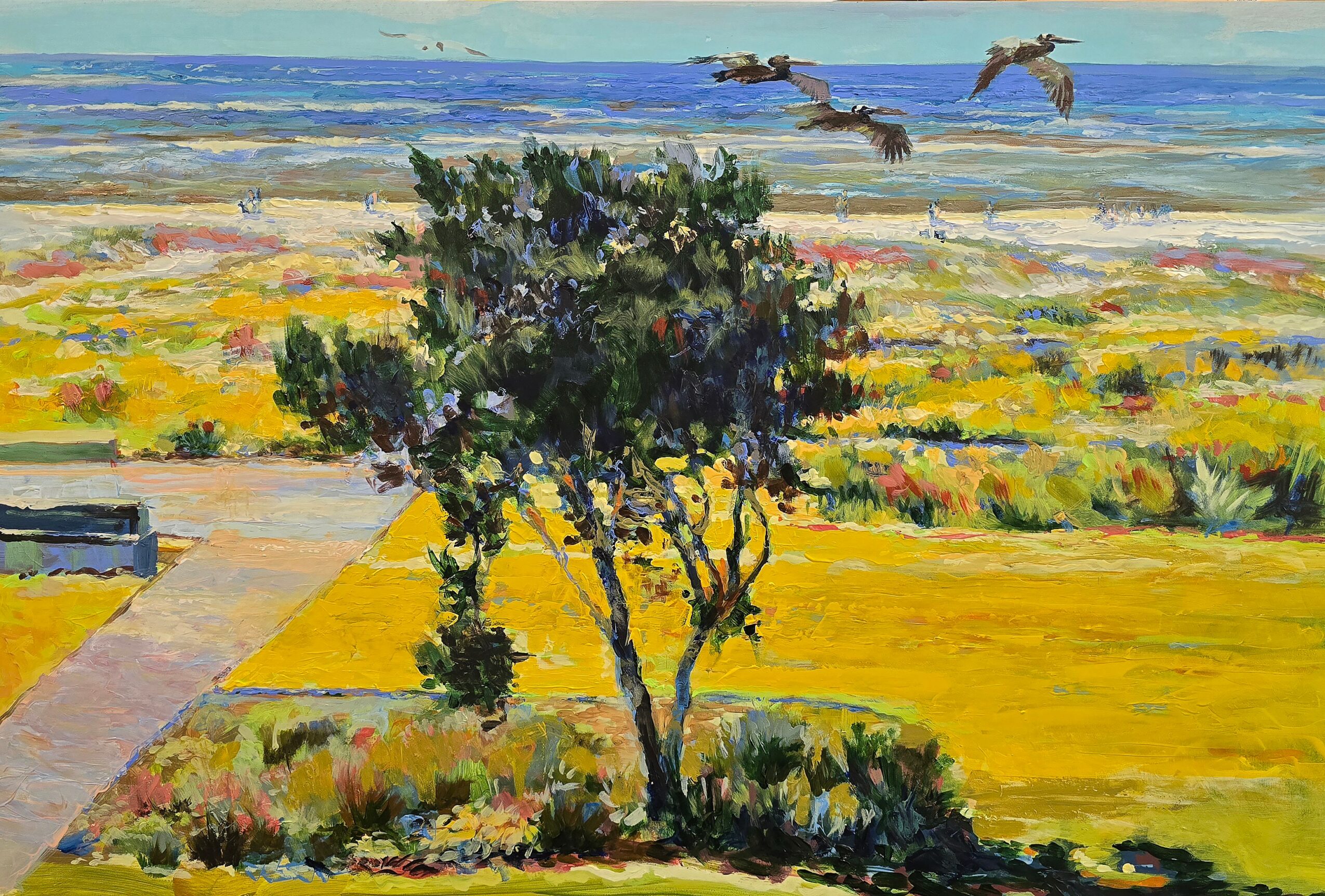 Landscape painting with a tree in foreground, fields, and birds flying in sky, using vibrant colors.