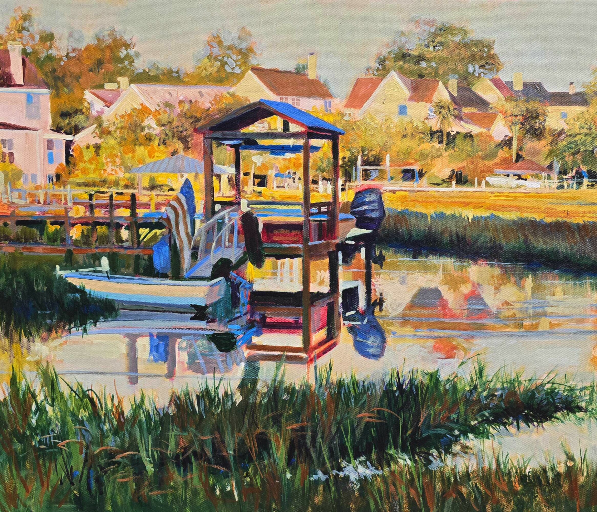 Painting of a dock with boats, houses in background, and reflections in water, with greenery in foreground.