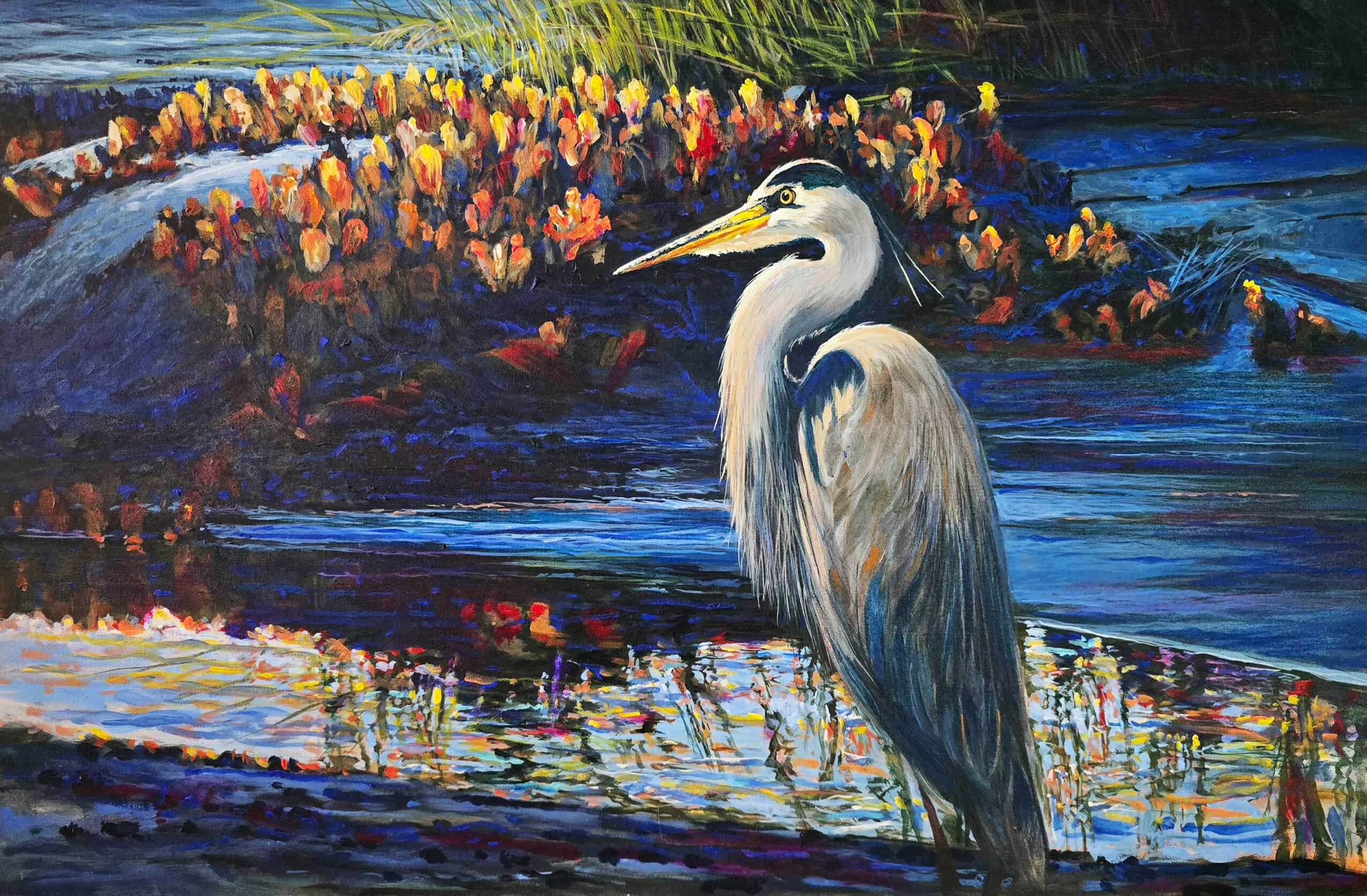 A heron stands near water with a colorful background of flowers and foliage, painted in vibrant colors.