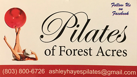 Flyer for Pilates of Forest Acres with a person holding a red exercise ball, contact info, and Facebook note.