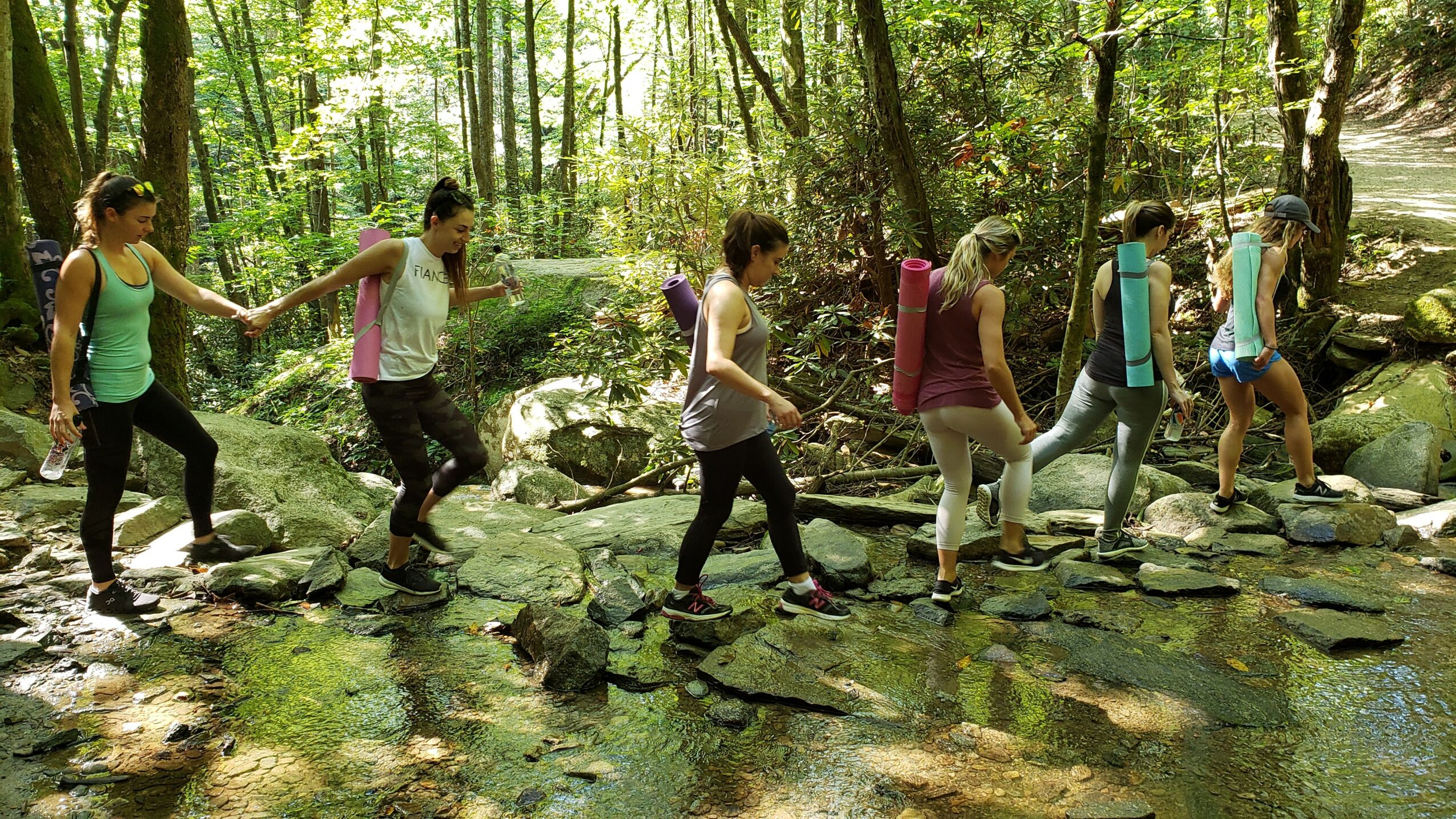 Group of children crossing a stream on rocks in a forest, holding hands, surrounded by trees and sunlight.