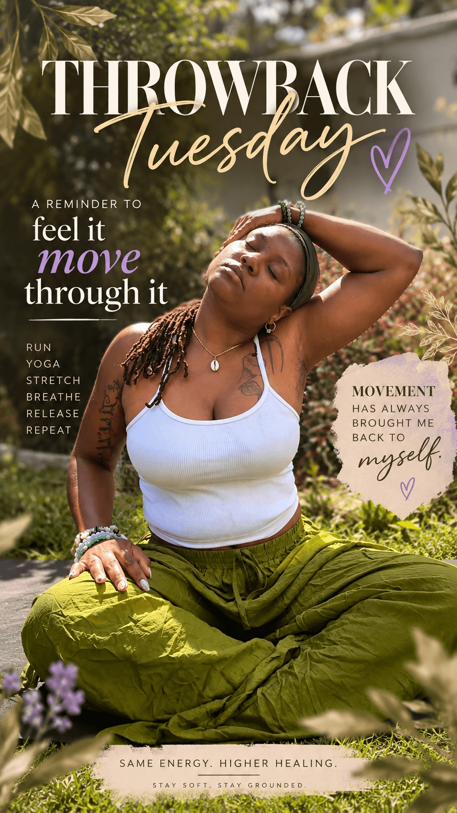 Woman practicing yoga outdoors, sitting cross-legged with eyes closed, surrounded by greenery and flowers, with motivational text overlay.