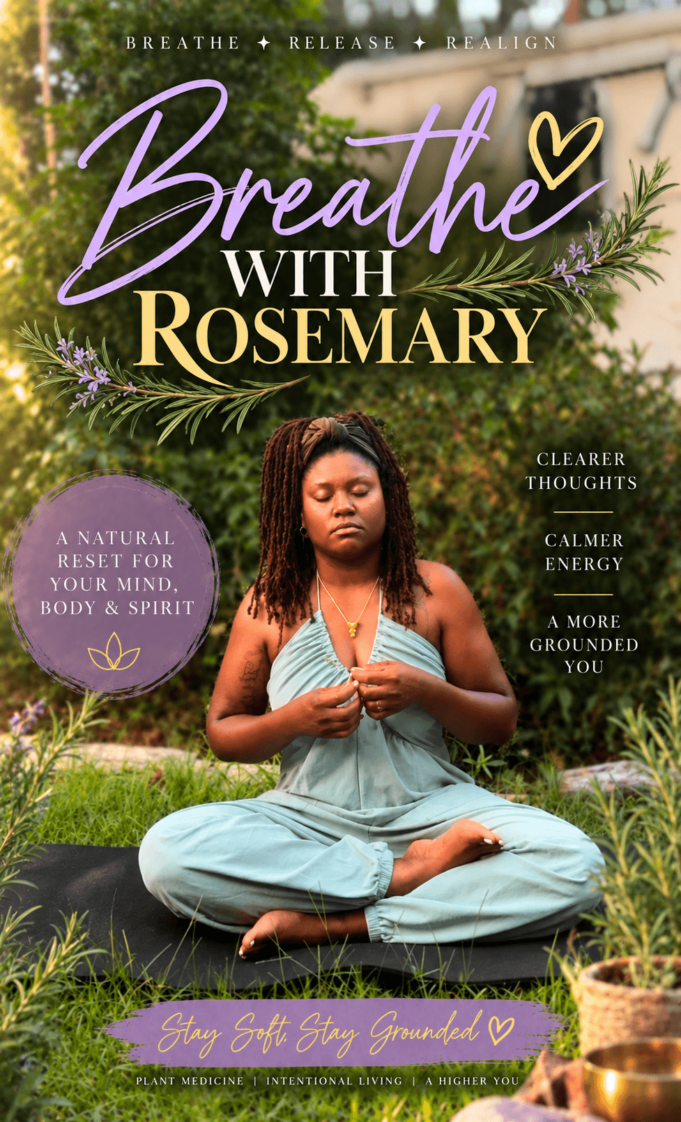 Woman meditating outdoors with greenery, sitting cross-legged, eyes closed, hands in prayer position, peaceful expression.