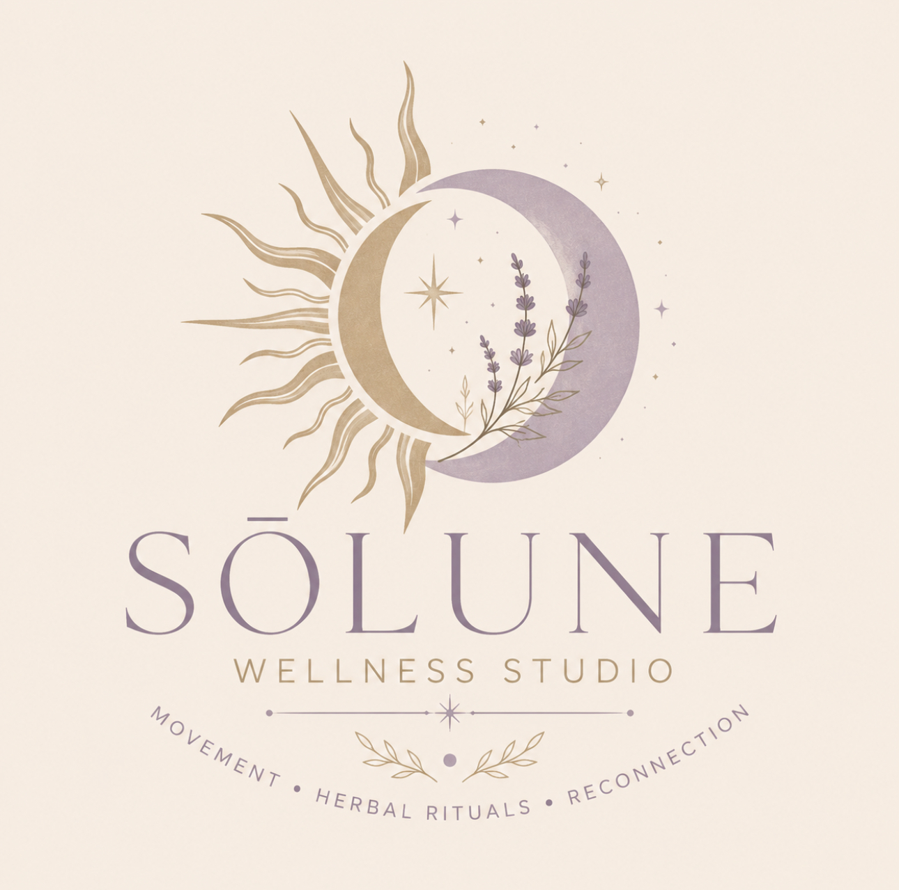 Sun and moon illustration with text 'Solune Wellness Studio' and decorative elements, on a light background.
