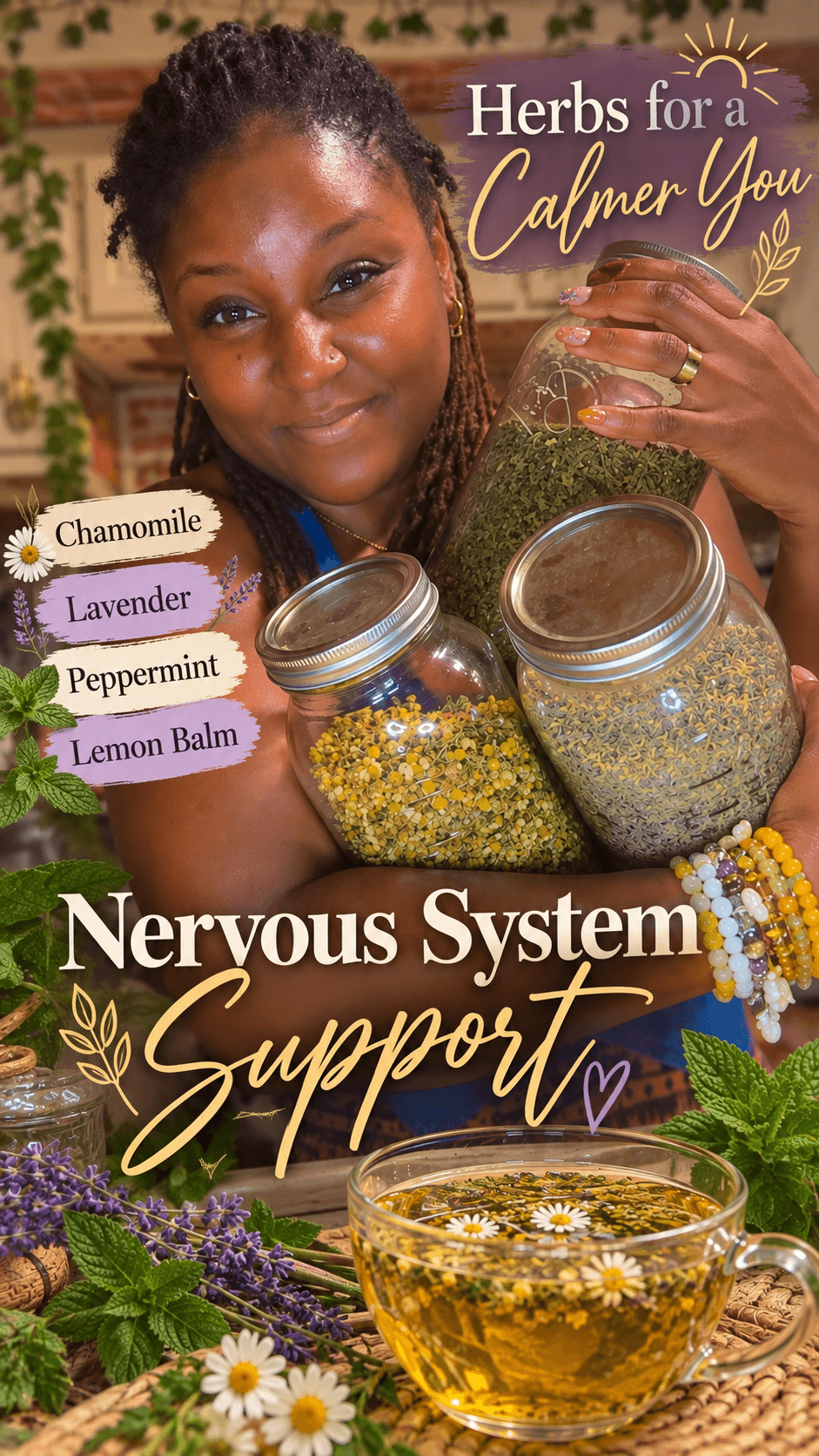 Woman holding jars of herbs and tea, with herbs and flowers in foreground, promoting herbal support for nervous system.