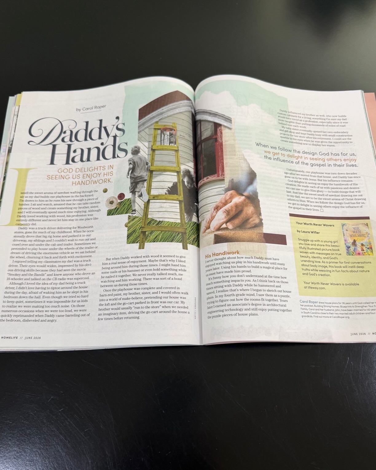 Open magazine with article titled 'Daddy's Hands' and colorful illustrations, on a dark surface.