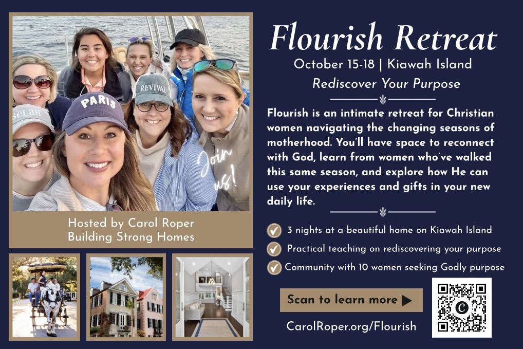 Flyer for Flourish Retreat on Kiawah Island, October 15-18, with images of smiling women and a house, and a QR code.