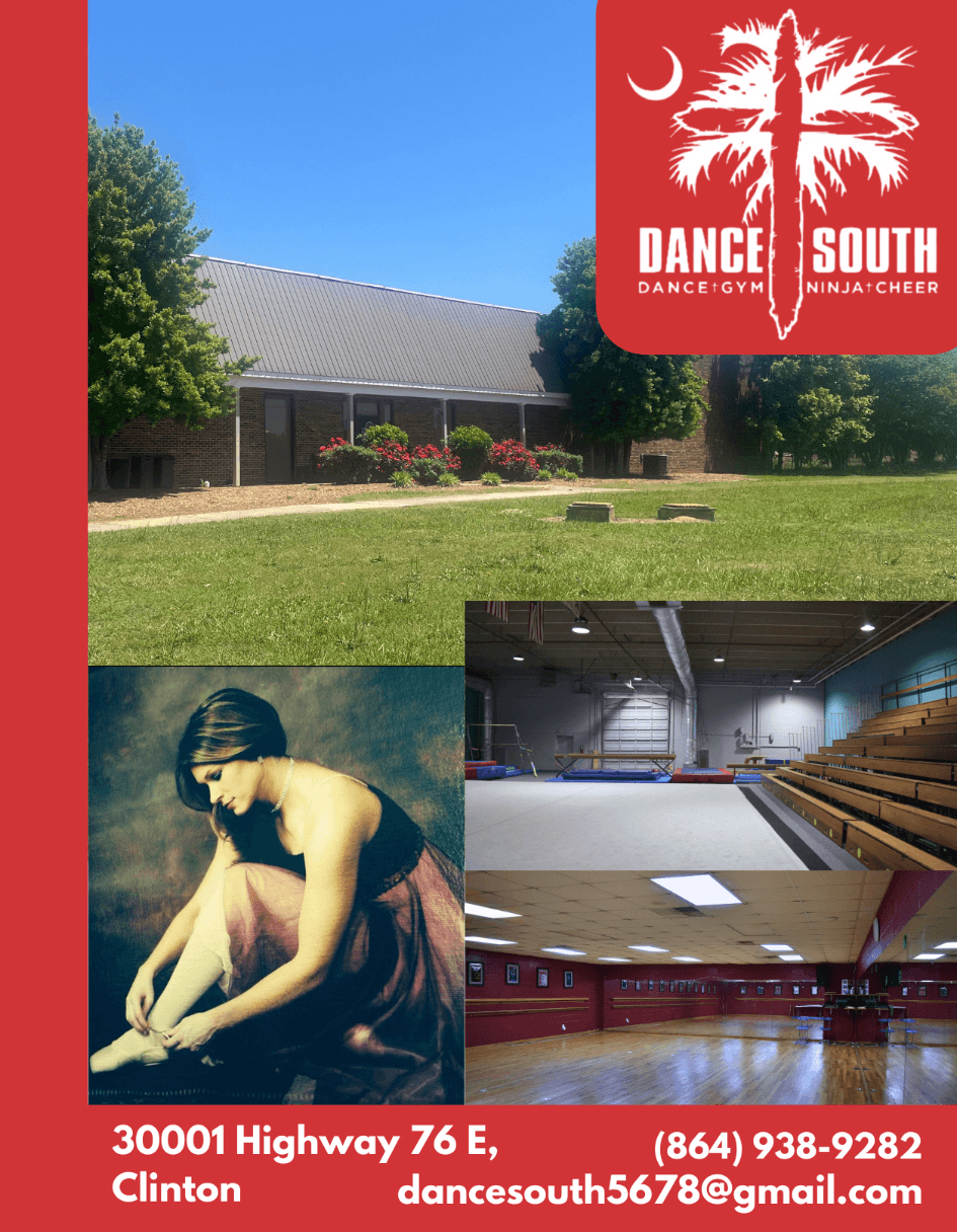 Dance South promotional collage featuring a building, a dancer, an indoor gym, and contact information.