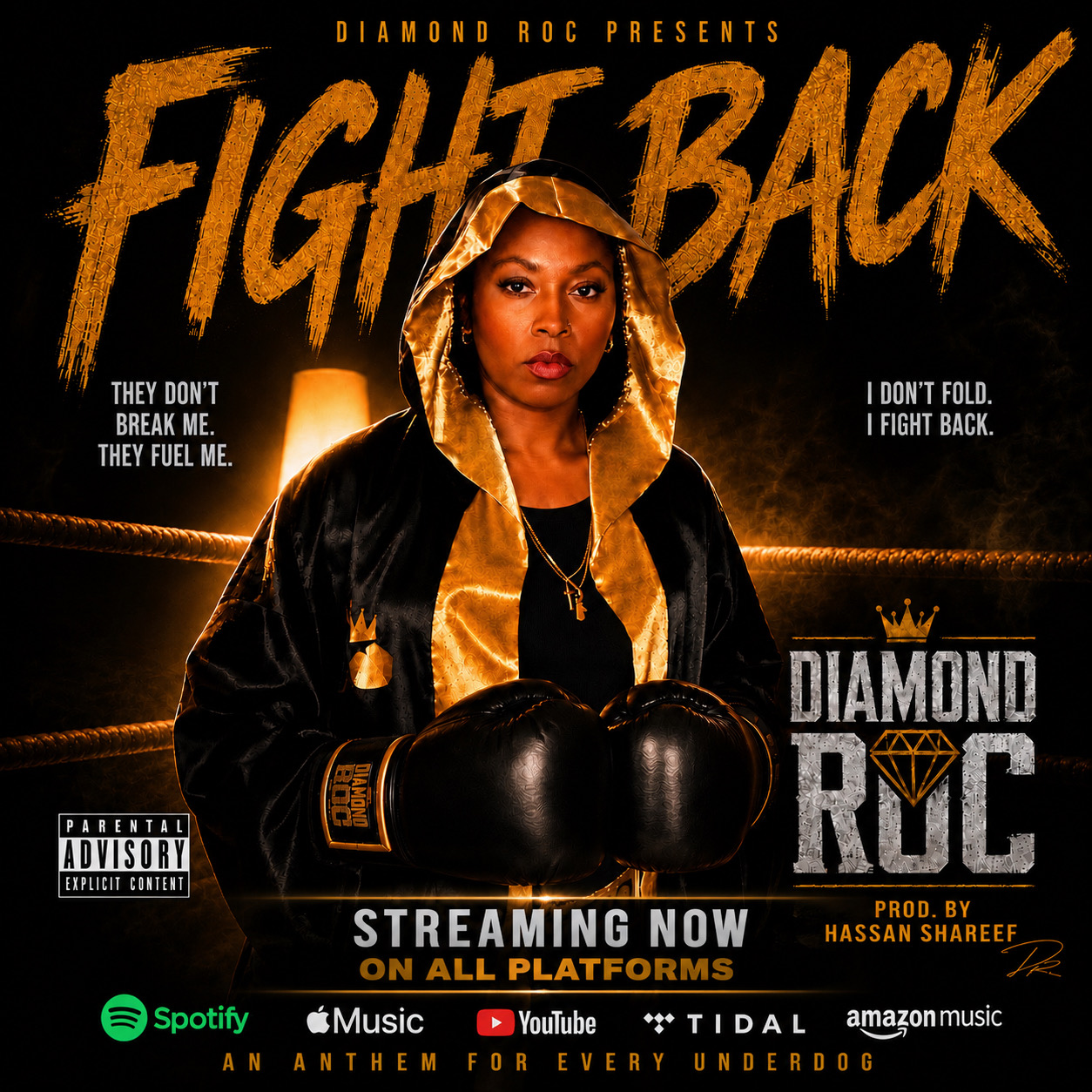 Woman in boxing gloves and hoodie, promotional poster for Fight Back streaming on platforms, with text and logos.